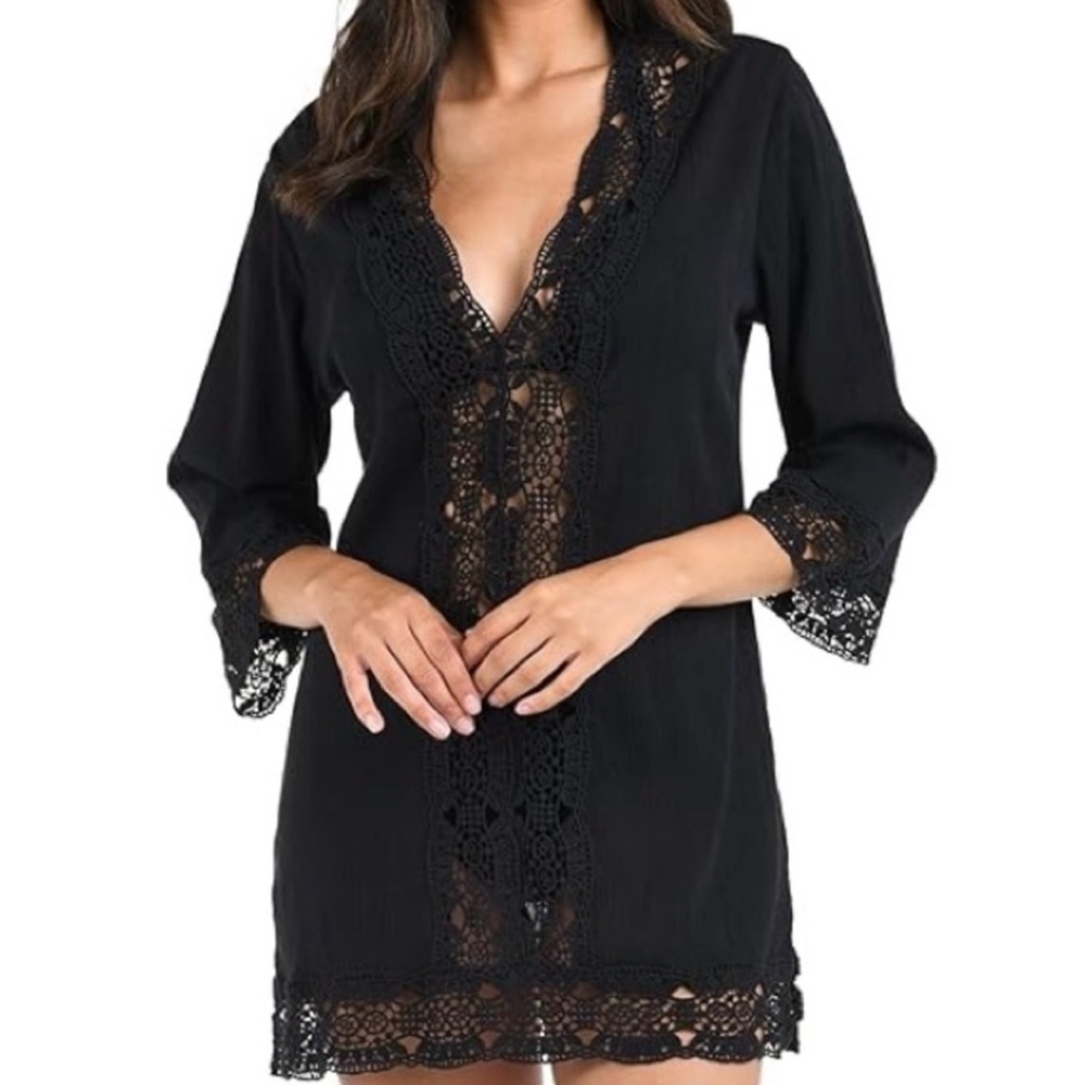 La Blanca Island Fare Black Crochet Cotton Swim Cover-Up Tunic M